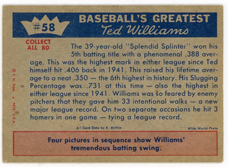 Ted Williams 1959 Fleer Baseball Card #58 1957- Williams Hit .388