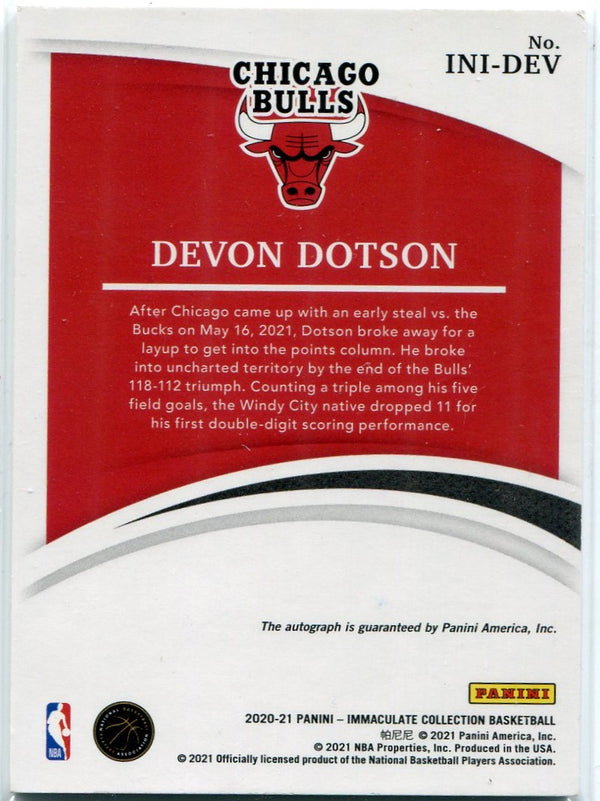 Devon Dotson 2020 - 2021 Panini Immaculate Initiation Ink Autographed RC #INI-DEV 87/99
