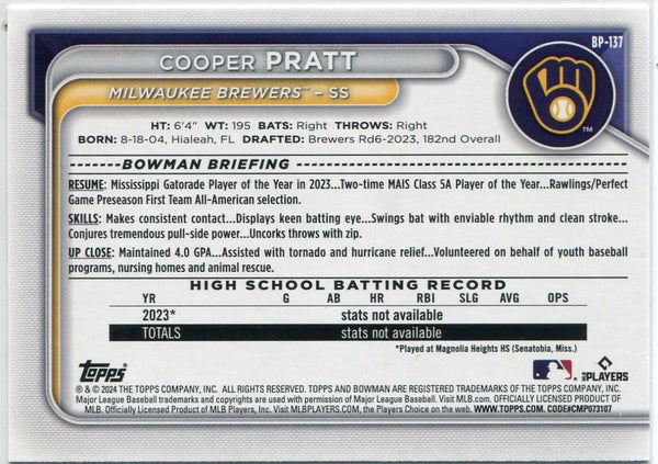 Cooper Pratt 2024 Bowman Prospects Pink Parallel RC #BP-137