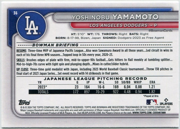 Yoshinobu Yamamoto 2024 Bowman RC #36