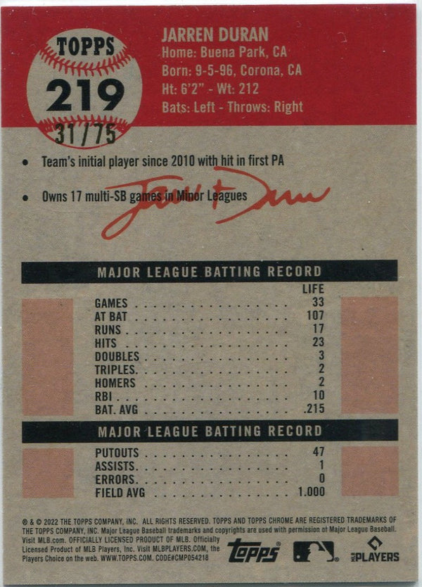 Jarren Duran 2022 Topps Chrome Platinum Anniversary Rose Gold Parallel RC #219 31/75