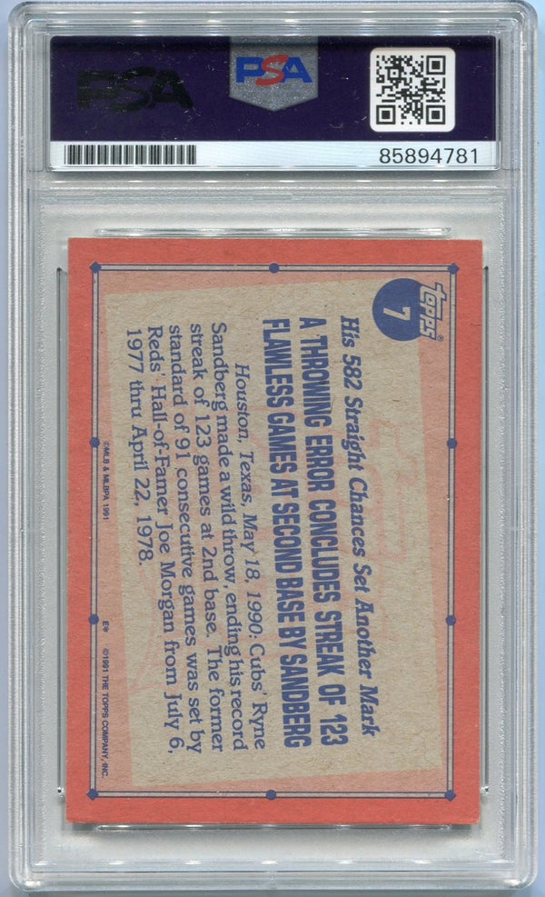 Ryne Sandberg 1991 Topps Autographed Card #7 PSA/DNA Certified