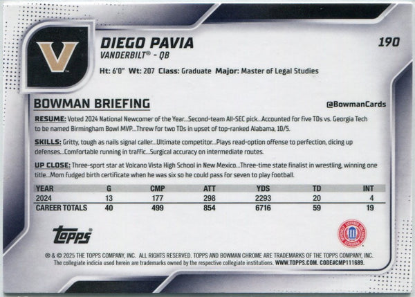 Diego Pavia 2025 Bowman Chrome U RC #190