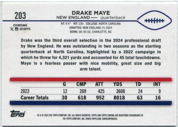 Drake Maye 2024 Topps Chrome RC #203
