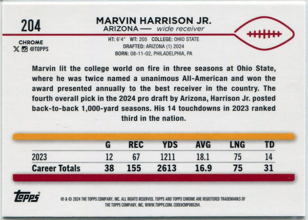 Marvin Harrison Jr 2024 Topps Chrome Sepia Refractor RC #204