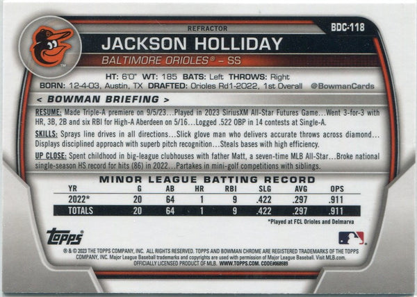 Jackson Holliday 2023 Bowman Draft Chrome Refractor Card #BDC-118