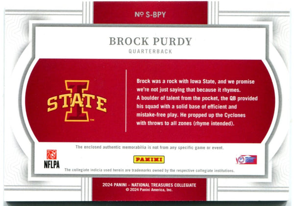 Brock Purdy 2024 Panini National Treasures Collegiate Jersey Card #S-BPY 37/99