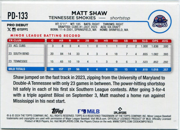 Matt Shaw 2024 Topps Pro Debut RC #PD-133
