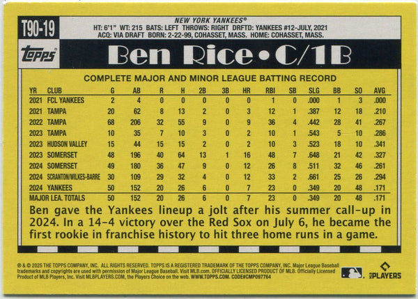 Ben Rice 2025 Topps 35th Anniversary RC #T90-19