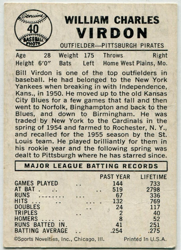 Bill Virdon 1960 Leaf Card #40