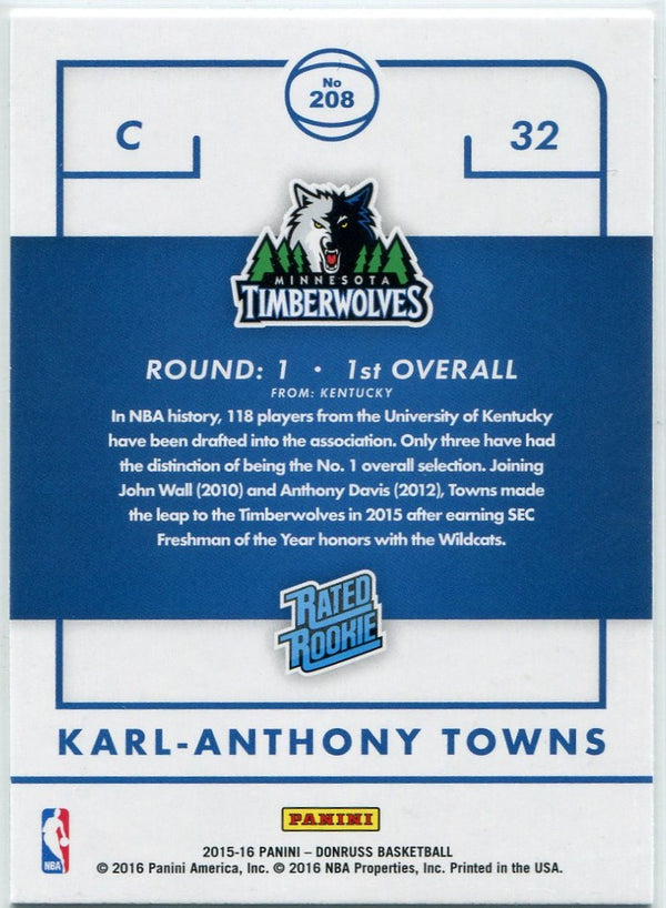 Karl-Anthony Towns 2015 - 2016 Panini Donruss Rated Rookie RC #208