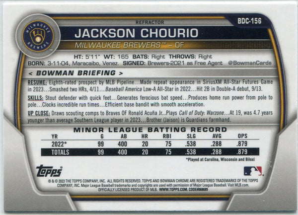 Jackson Chourio 2023 Bowman Draft Chrome Refractor Card #BDC-156