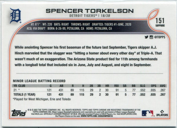 Spencer Torkelson 2022 Topps Chrome Sapphire RC #151
