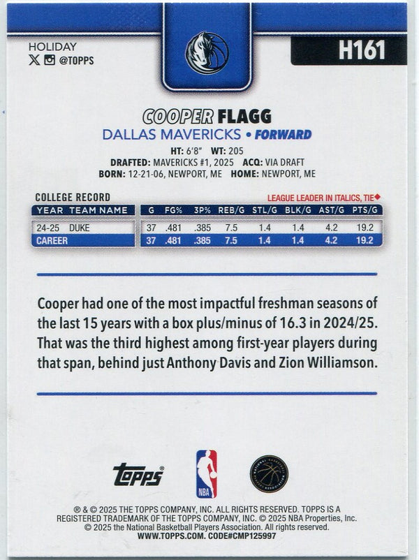 Cooper Flagg 2025 - 2026 Topps Holiday RC #H161