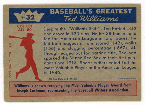Ted Williams 1959 Fleer Baseball Card #32 1946 - Most Valuable Player