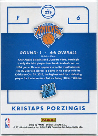 Kristaps Porzingis 2015 - 2016 Panini Donruss Rated Rookie RC #239