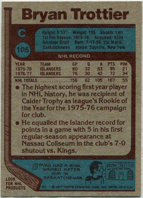 Bryan Trottier 1977 - 1978 Topps Card #105