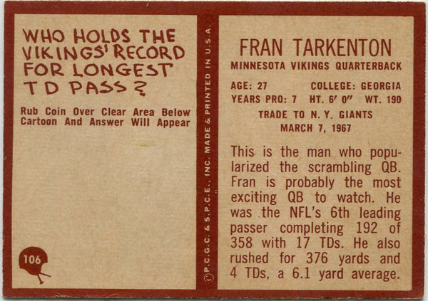 Fran Tarkenton 1967 Topps Card #106