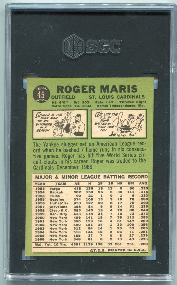 Roger Maris 1967 Topps Card #45 SGC Graded 5