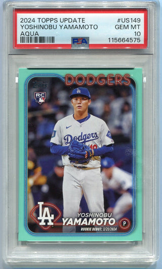 Yoshinobu Yamamoto 2024 Topps Update Aqua Parallel RC #US149 PSA Graded 10