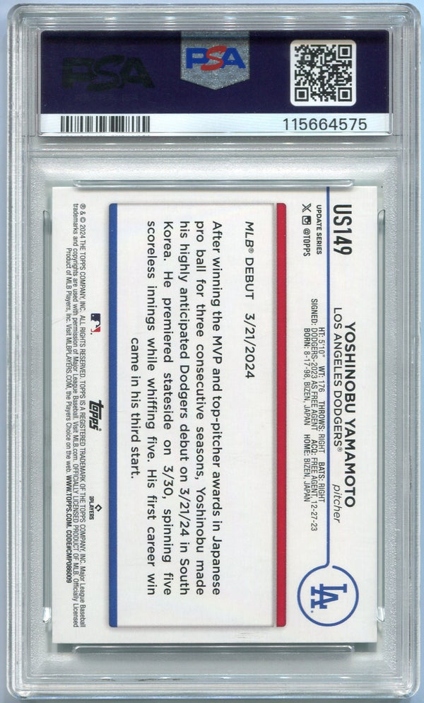 Yoshinobu Yamamoto 2024 Topps Update Aqua Parallel RC #US149 PSA Graded 10