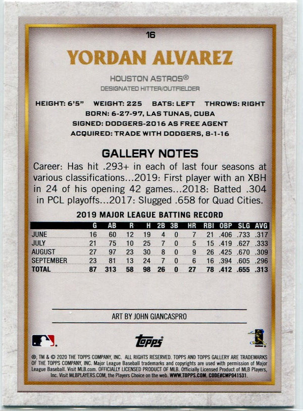 Yordan Alvarez 2020 Topps Gallery RC #16