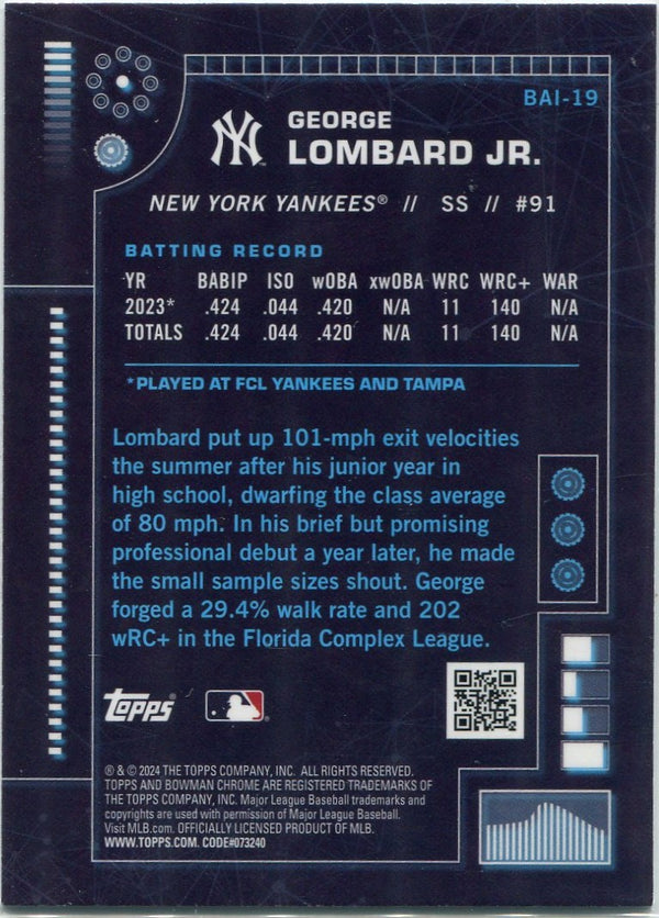 George Lombard Jr. 2024 Bowman Chrome Prospects Bowman A.I. RC #BAI-19