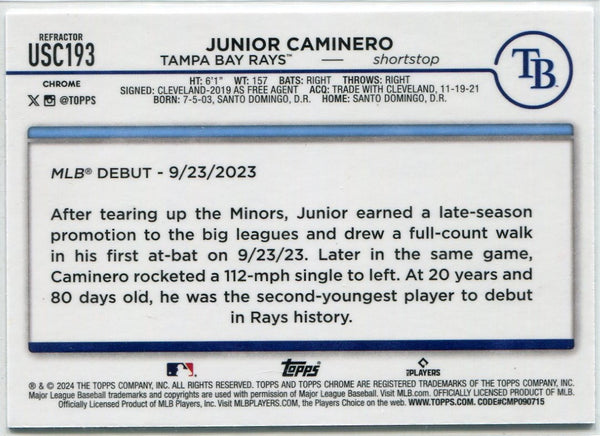 Junior Caminero 2024 Topps Chrome Update Refractor RC #USC193