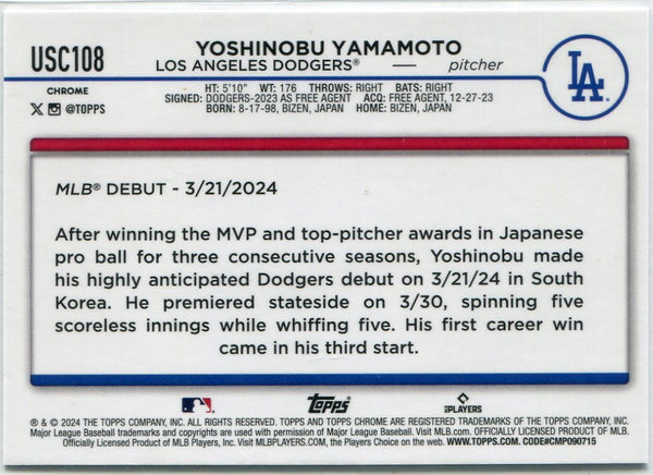 Yoshinobu Yamamoto 2024 Topps Chrome Update RC #USC108