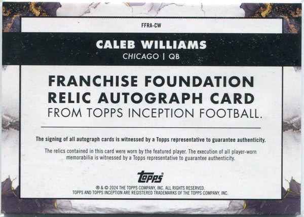 Caleb Williams 2024 Topps Inception Franchise Foundation Dual Jersey & Autographed RC #FFRA-CW 41/75