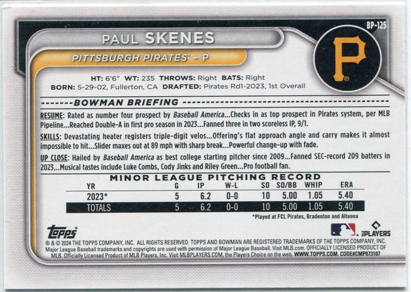 Paul Skenes 2024 Bowman Prospects Card #BP-125