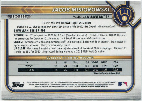 Jacob Misiorowski 2022 Bowman Draft Chrome RC #BDC-132
