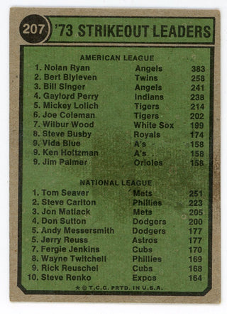 Nolan Ryan & Tom Seaver 1974 Topps Strikeout Leaders #207