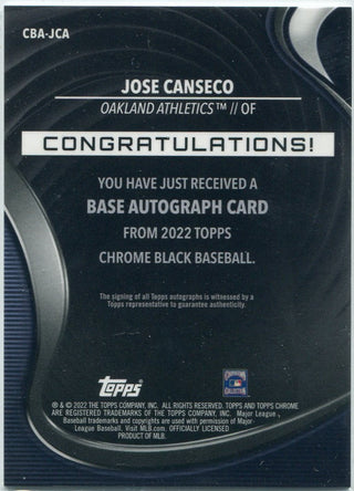 Jose Canseco 2022 Topps Chrome Black Autographed Green Parallel Card #CBA-JCA 56/99