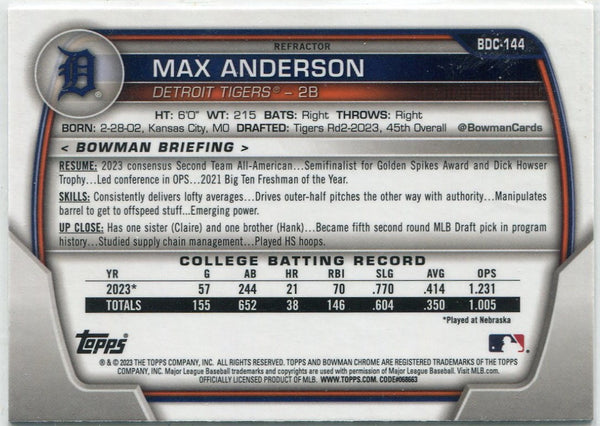 Max Anderson 2023 Bowman Draft Chrome Refractor RC #BDC-144