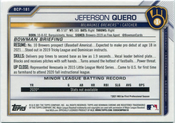 Jeferson Quero 2021 Bowman Chrome Sapphire RC #BCP-181