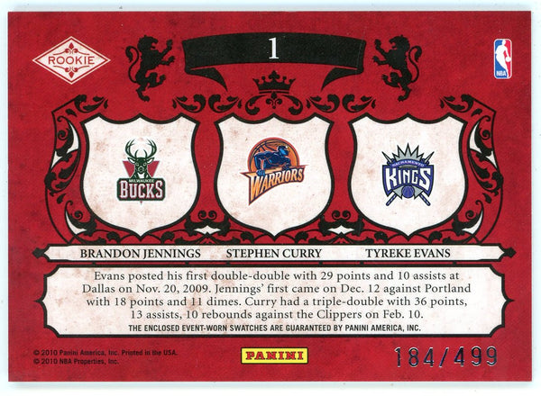 Stephen Curry, Tyreke Evans, & Brandon Jennings 2010 Panini Rookie Royalty Patch Relic #1