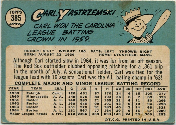 Carl Yastrzemski 1965 Topps Card #385