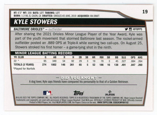 Kyle Stowers 2023 Topps Orange BL #19 Card