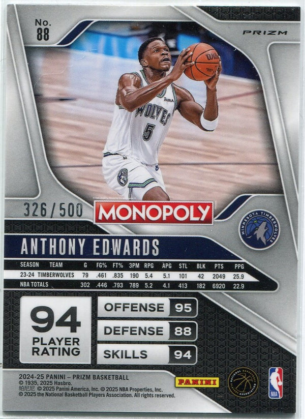 Anthony Edwards 2024 - 2025 Panini Prizm Monopoly Gold Millionaire Shimmer Prizm Card #88 326/500