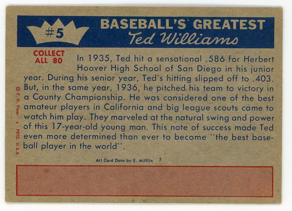 Ted Williams 1959 Fleer Baseball Card #5 Ted's Fame Spreads - 1935-36