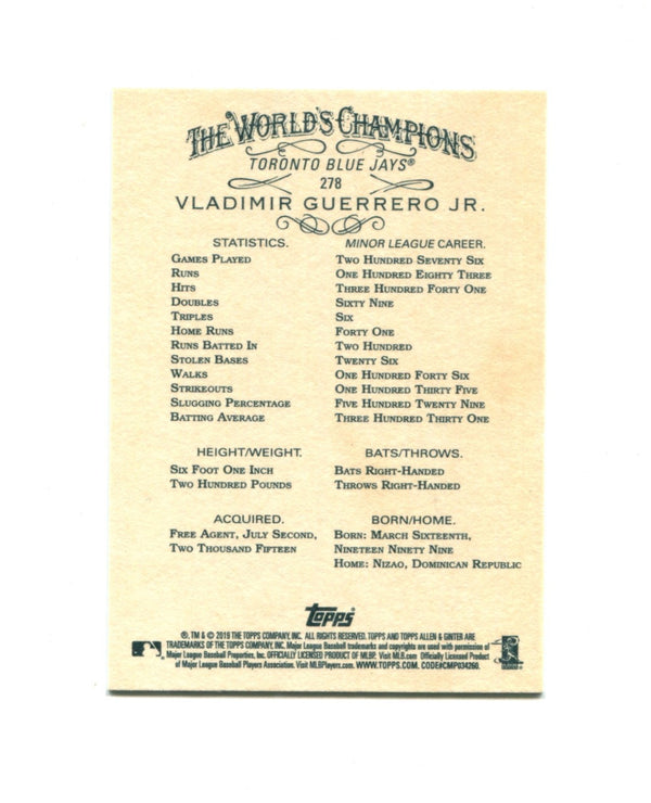 Vladimir Guerrero Jr 2019 Topps Allen & Ginter #278 Card