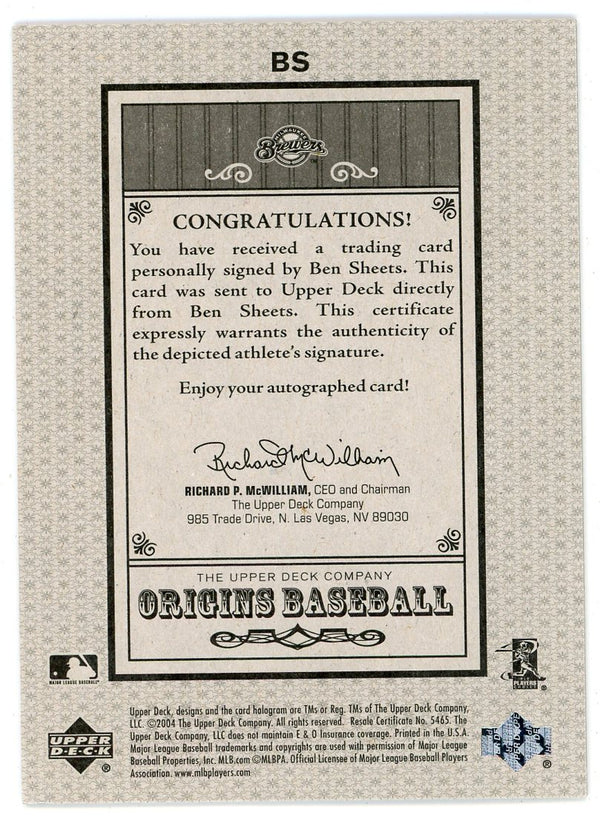 Ben Sheets Autographed 2005 Upper Deck Origins #BS