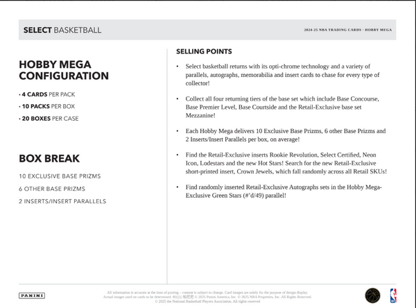 2024-25 Panini Select Basketball Hobby Mega Box (Exclusive Green & Blue Star Prizms)