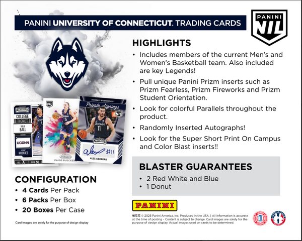 2024-25 Panini UConn Collegiate Basketball Blaster Box (Exclusive Red White & Blue Parallels