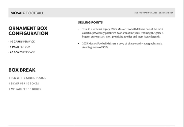 2025 Mosaic FB Ornament Box (1 Exclusive Red & White Stripe Rookie)