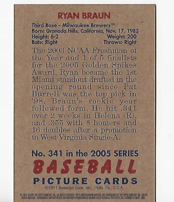 Ryan Braun 2005 Topps #341 Bowman Heritage First Year Card