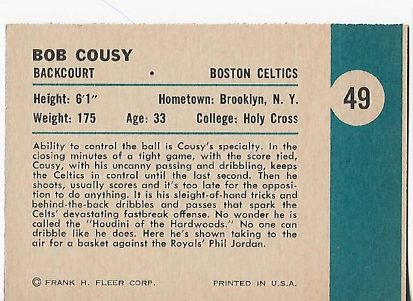 Bob Cousy 1961 Fleer Basketball #49 In Action Card
