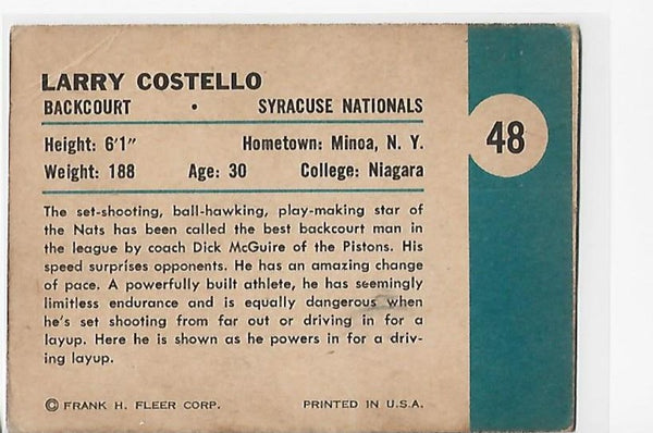Larry Costello 1961 Fleer Basketball #48 In Action Card