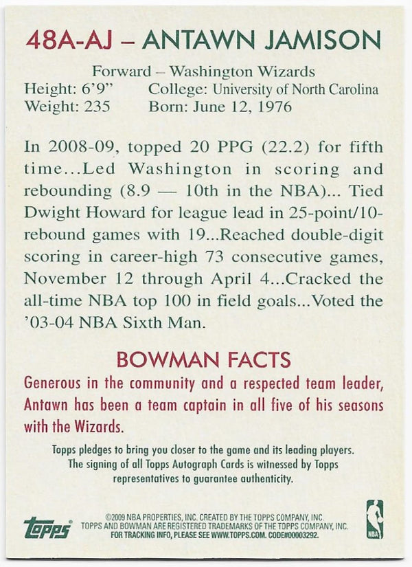 Antawn Jamison 2009 Bowman Autographed Card